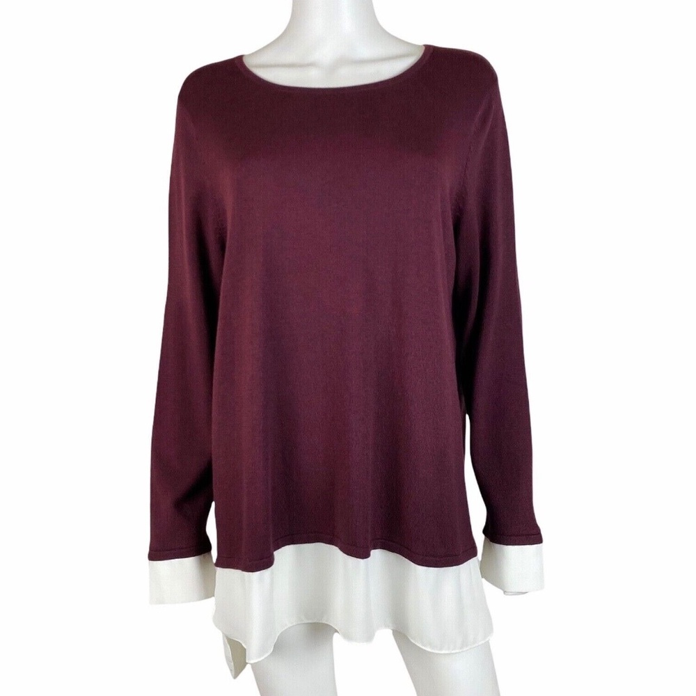 Susan Graver Long Sleeve Burgundy Sweater with Contrast Trim
